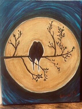 Hand-Painted Moonlit Lovebirds Canvas Art in Gold and Teal